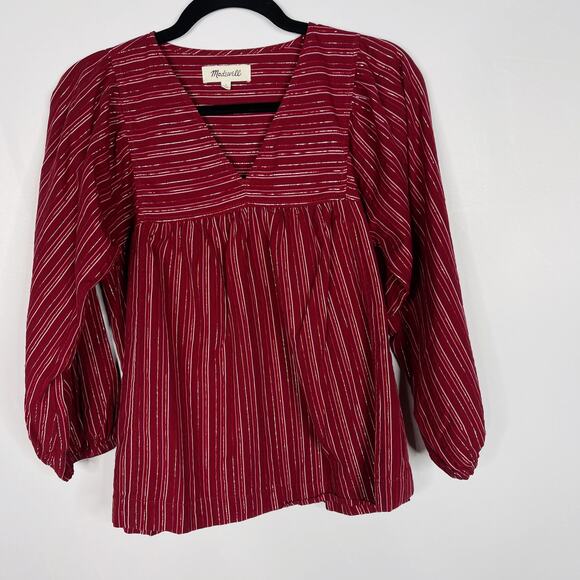 Madewell Small S Red Swingy Peasant Top in Metallic Stripe VNeck Cotton Billowy - Picture 1 of 10